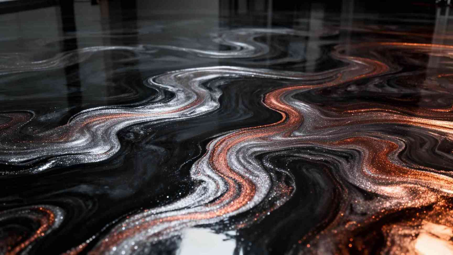 Metallic epoxy flooring with copper and silver swirls